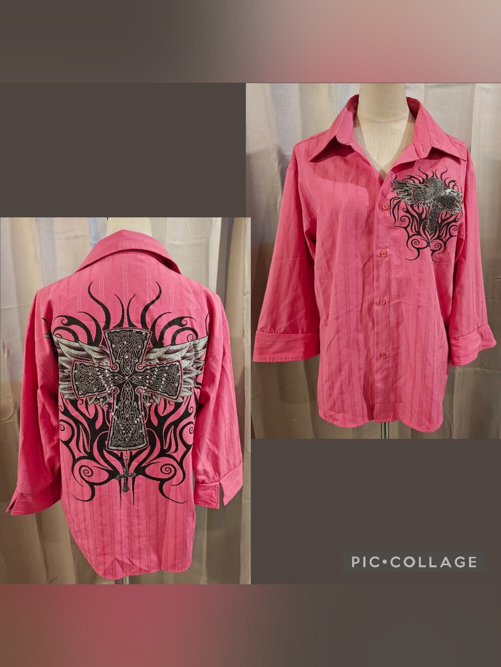 ☠️🖤VTG Meztizos Y2K Pink Tribal Gothic Cross Rhinestone Western Shirt☠️🖤